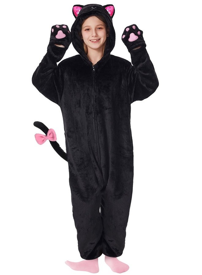 ACTLATI Girls Black Cat Costume Halloween Jumpsuit Zip-Up Hooded One Piece Romper for Animal Cosplay Party Age 6-13 - Image 1